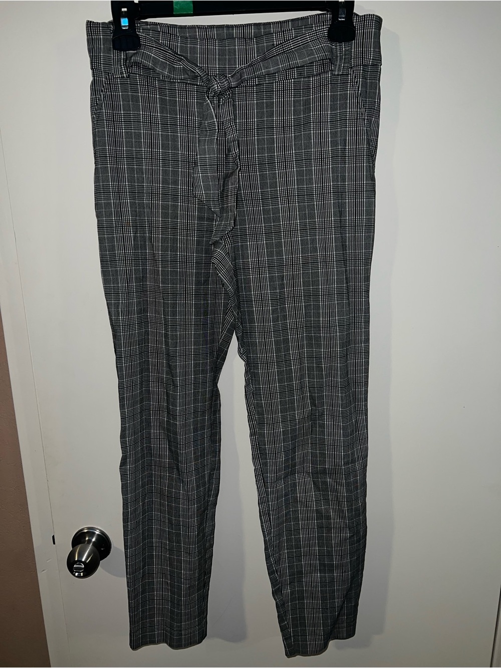 Womens Gray Plaid Dress Pants with Tie Waist